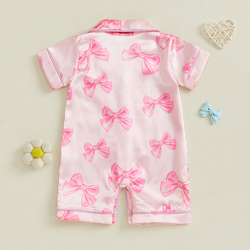 Adorable Infant Princess Bow Satin Pajama Set, Short Sleeve Button-Up, Jumpsuit for Sweet Toddler Bedtime
