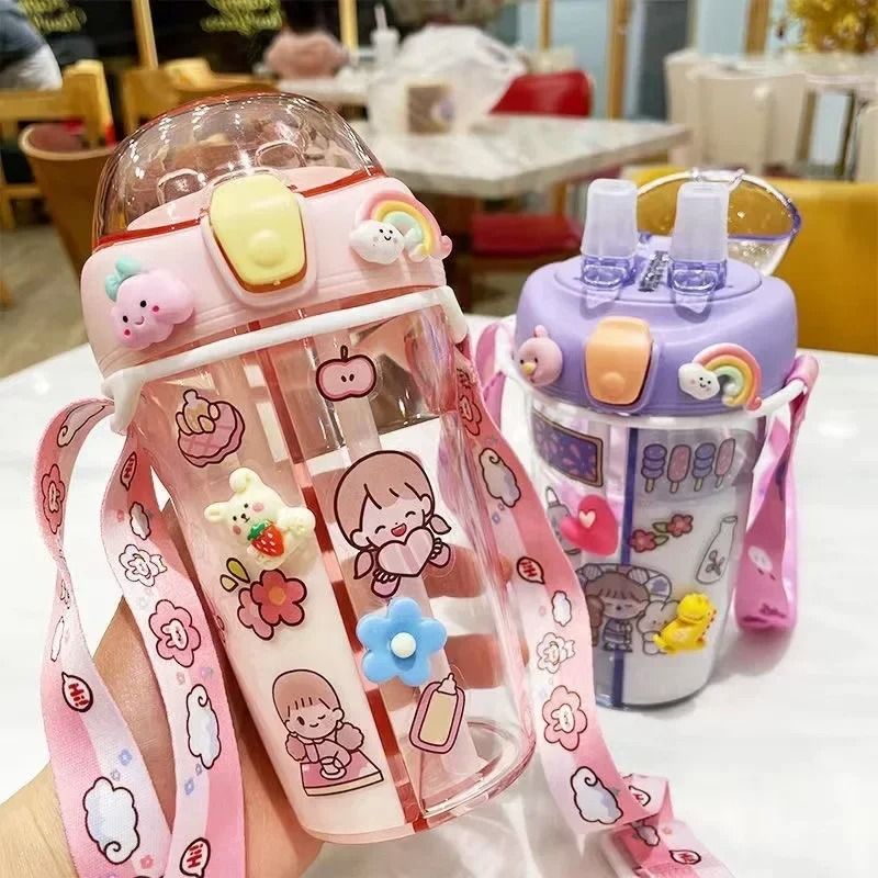 Kids Water Bottle with Double Straw Leak Proof Cute Plastic Bottle 430ml