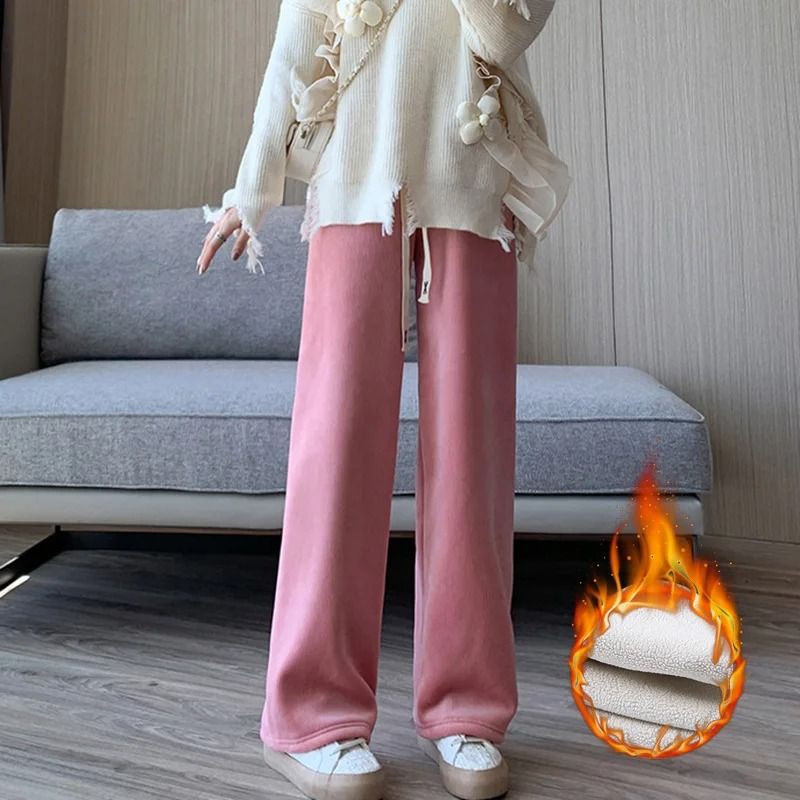 Womens Fleece Wide Leg Pants Warm Elastic Waist Winter Trousers Casual Loose Straight Leg Pants