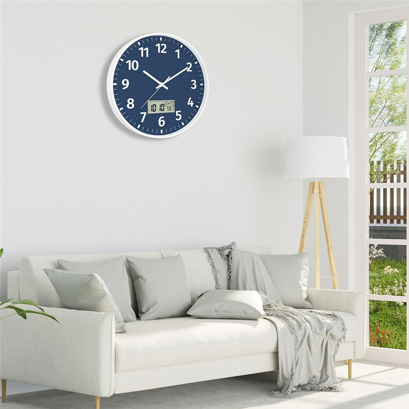 Silent Non Ticking Battery Operated Round Digital Wall Clock, Time Day of Week and Temperature Display, Easy to Read