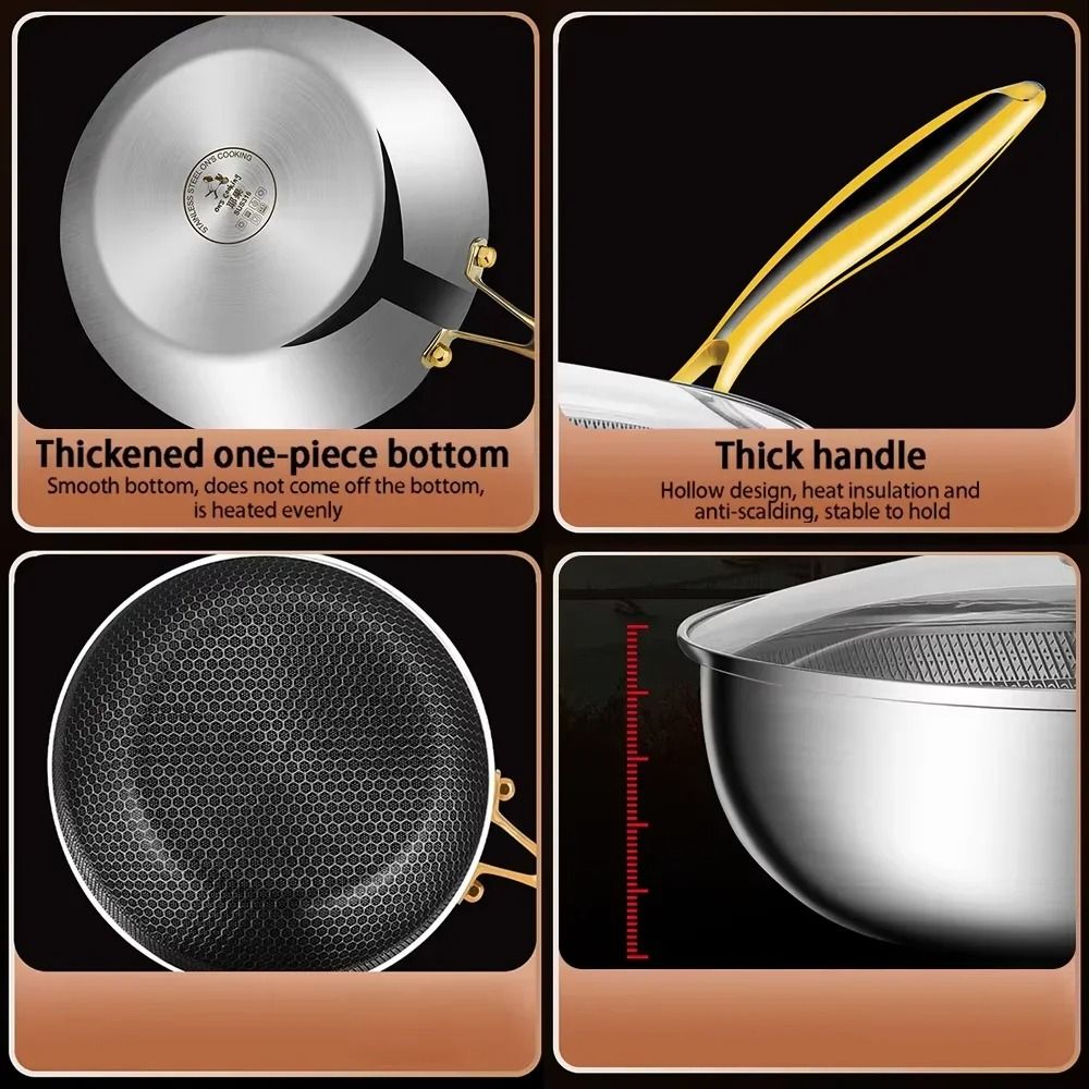 316 Stainless Steel Non Stick Frying Pan Wok with Honeycomb Surface