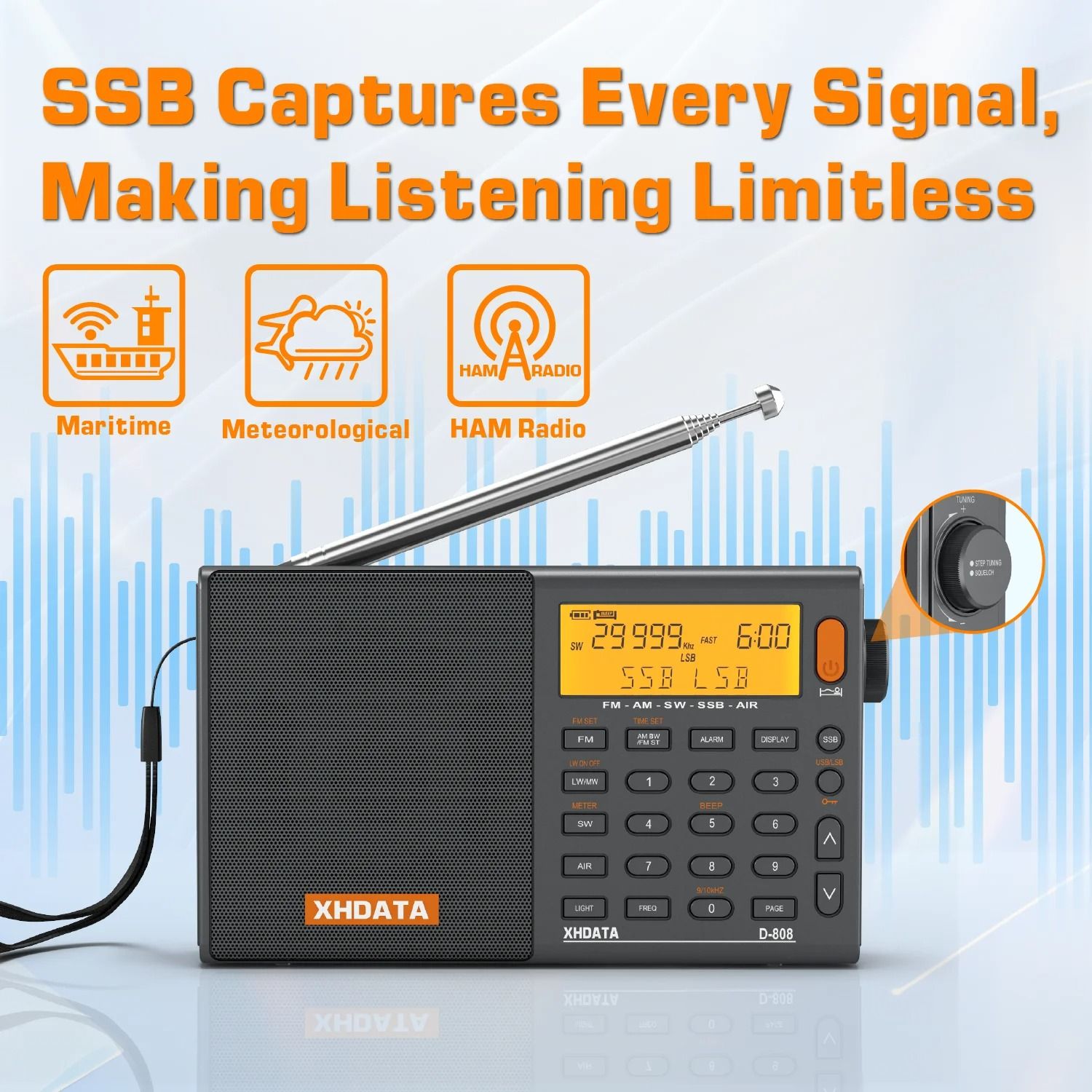 XHDATA D808 Full Band Portable Radio with SSB and RDS