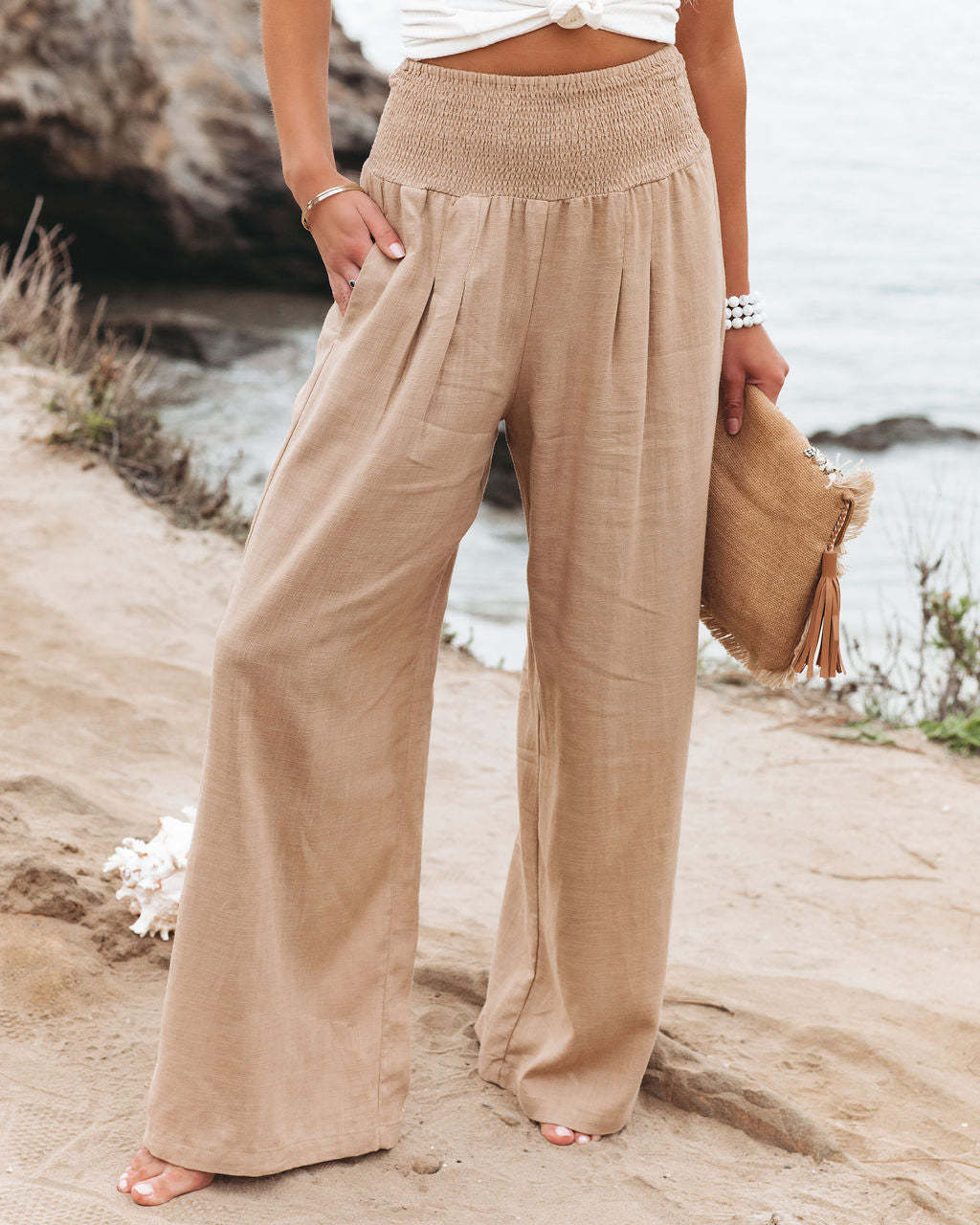 Womens Casual Drawstring Pants Mid Waist, Beach Wide Leg, Spring Summer Comfort