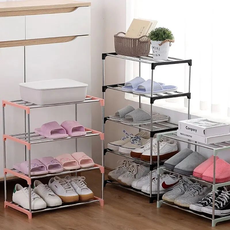 3-4 Tier Space Saving Shoe Rack Organizer, Multi-Layer Plastic Storage Shelf with Metal Pipes for Home Entryway