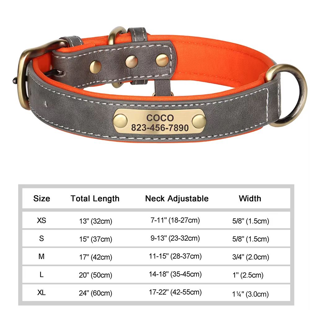 Custom Engraved PU Leather Dog Collar with Personalized ID Nameplate