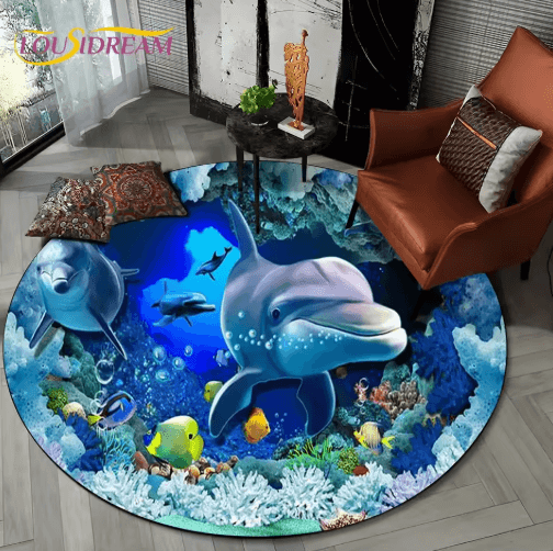 3D Ocean Dolphin Area Rug – Non-Slip Underwater Illusion Round Carpet