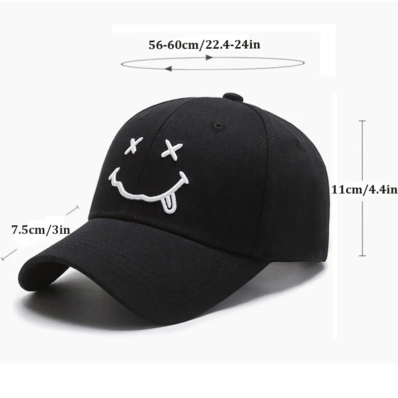 Black Cotton Adjustable Snapback, Women Smile Face Embroidery Baseball Caps, Funny Hip Hop Cap Autumn Dad Hats