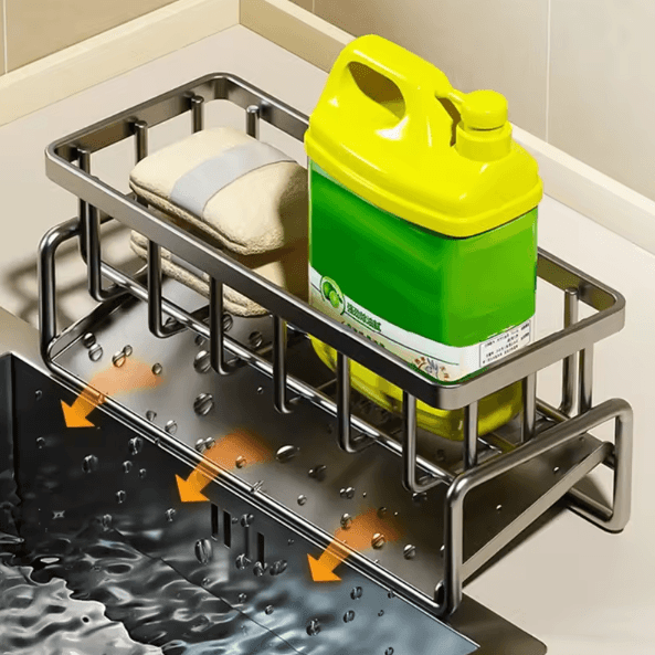 Kitchen Sink Organizer Carbon Steel Sponge Holder with Tilted Drain Tray Storage Rack for Brushes and Soap