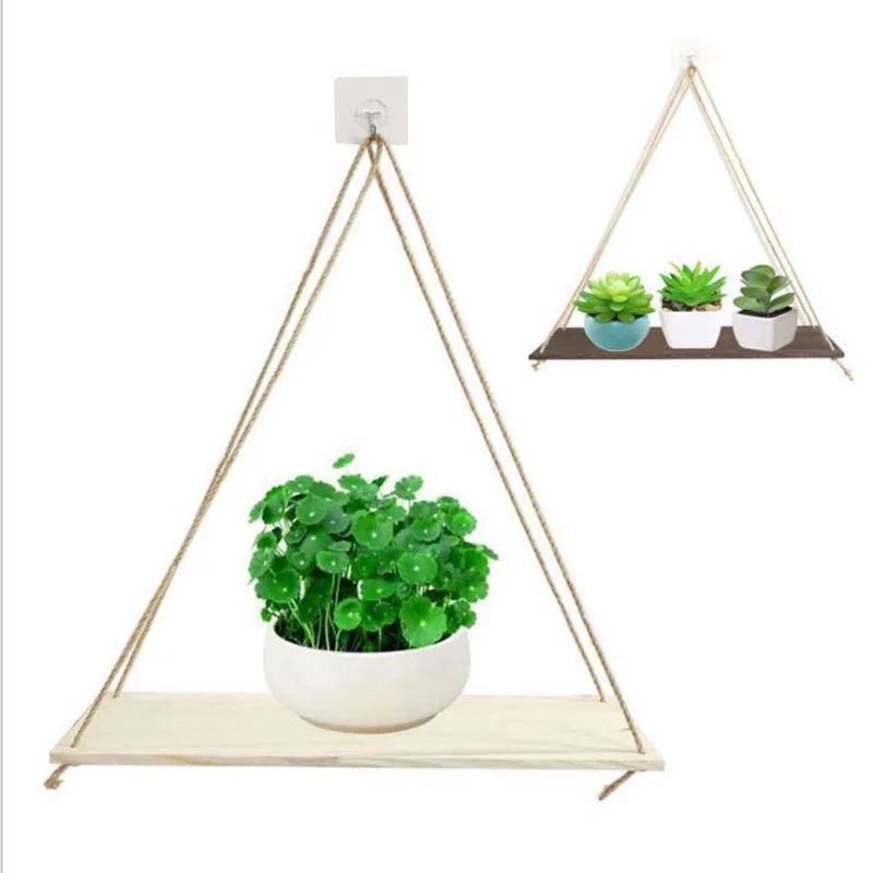 Boho Hanging Plant Shelf Wooden Wall Shelf with Rope - Wall Hanging Planter Display Rack