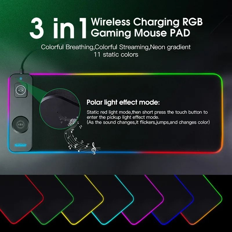 Wireless Charging RGB Mouse Pad with Luminous Edge for Gaming and Phone Charging Desktop Setup