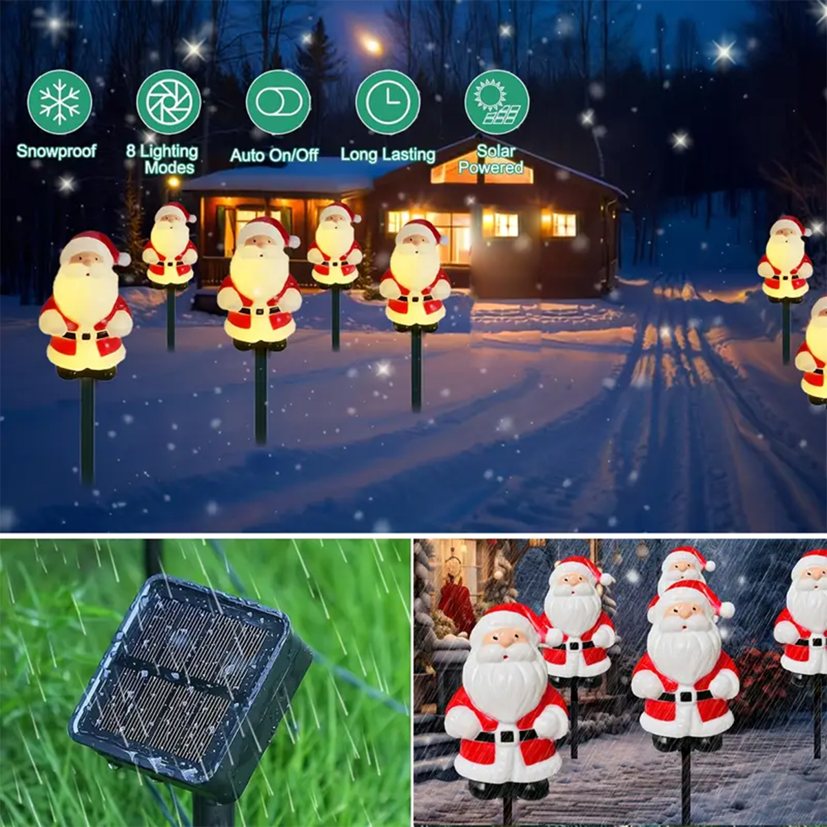 Solar Powered Christmas Santa Claus Pathway Lights, Garden Stake Lights, Xmas Holiday Patio Camping Decoration