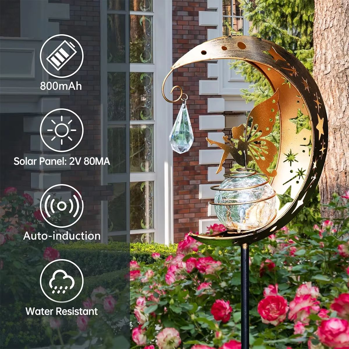 Whimsical Moon Fairy Solar Garden Stake Light | Crackle Glass Globe