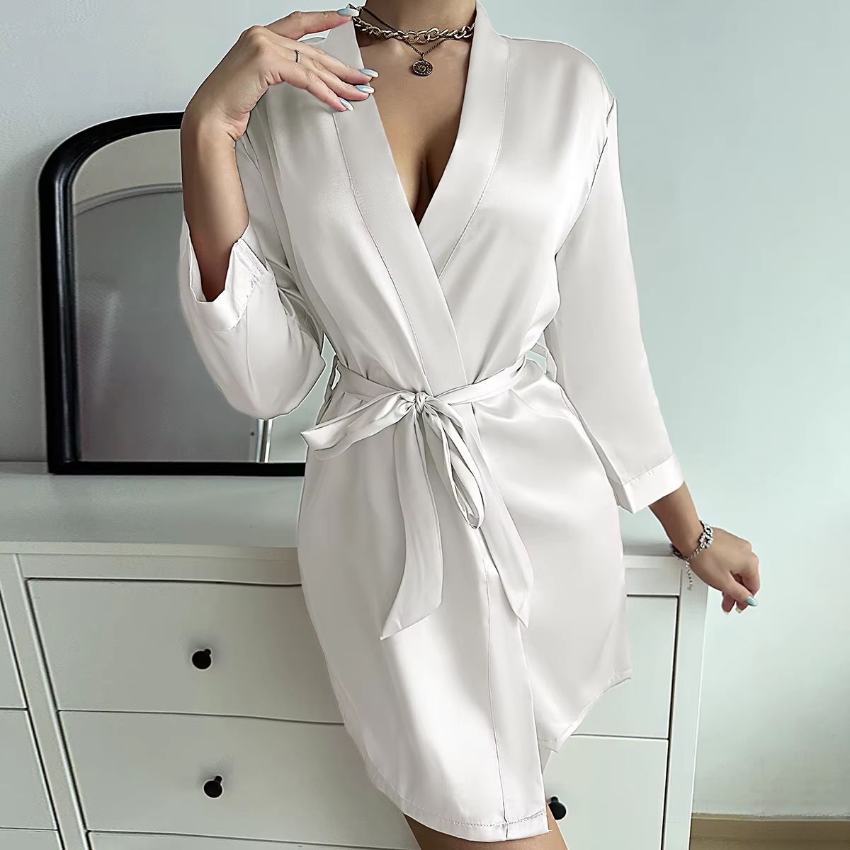 Women's Summer Ice Silk Lace-Up Home Pajama Robe