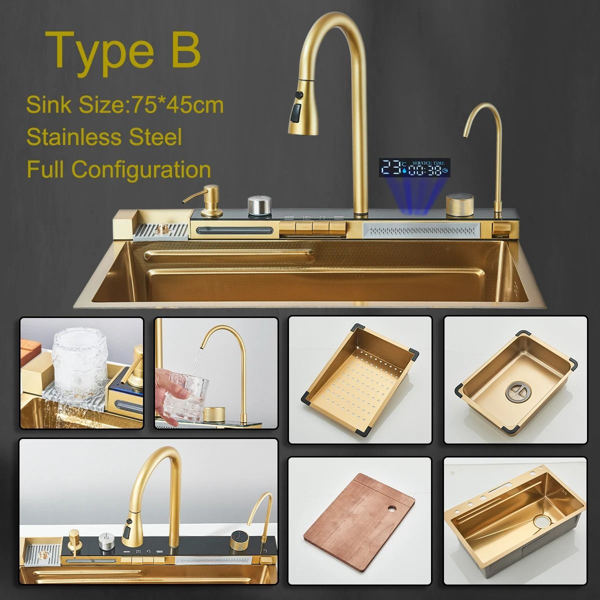 White Nano Stainless Steel Kitchen Sink – Double Waterfall Smart Digital Display Set