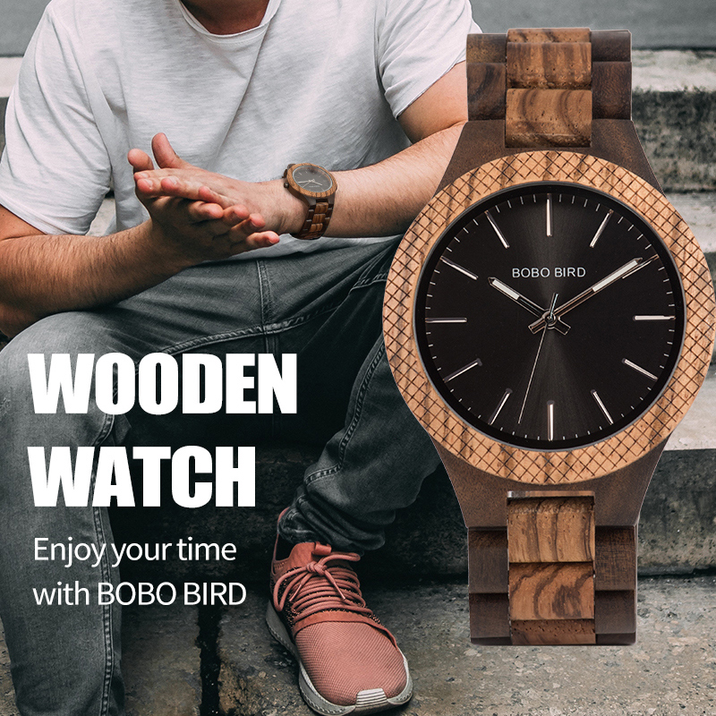 BOBO BIRD Wooden Watch Men Quartz Movement, Bayan Kol Saati Luxury Mens Watches with Luminous Hands, Gift Box