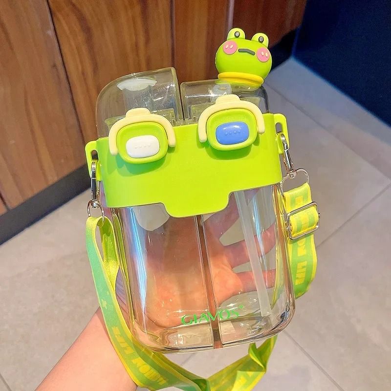Large Capacity Kids Water Bottle with Straw Double Compartment Cartoon Design