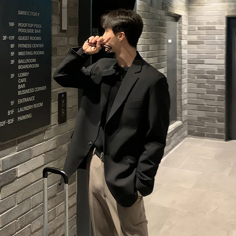 Men's Casual Blazer, Western Style Loose Fit Jacket, Autumn Trendy Single Breasted Black Coat, Dongdaemun Style Clothes