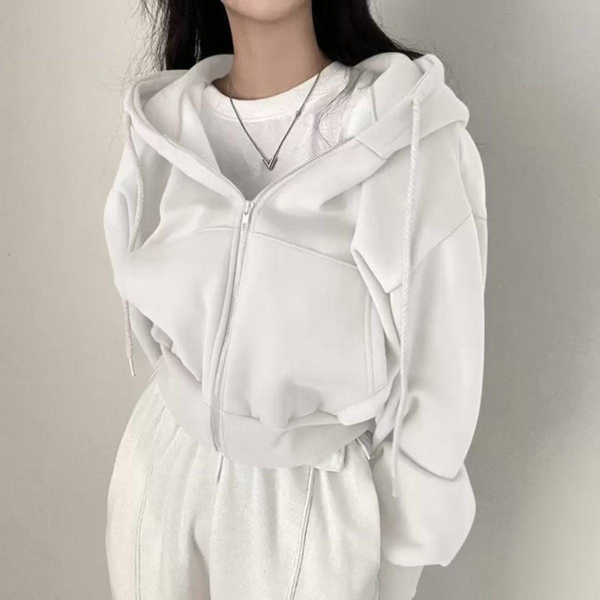 Women's Y2K Streetwear Hoodie, Autumn Winter Zip Up Crop Top, Harajuku Casual Jackets, Long Sleeve Hooded Sweatshirt