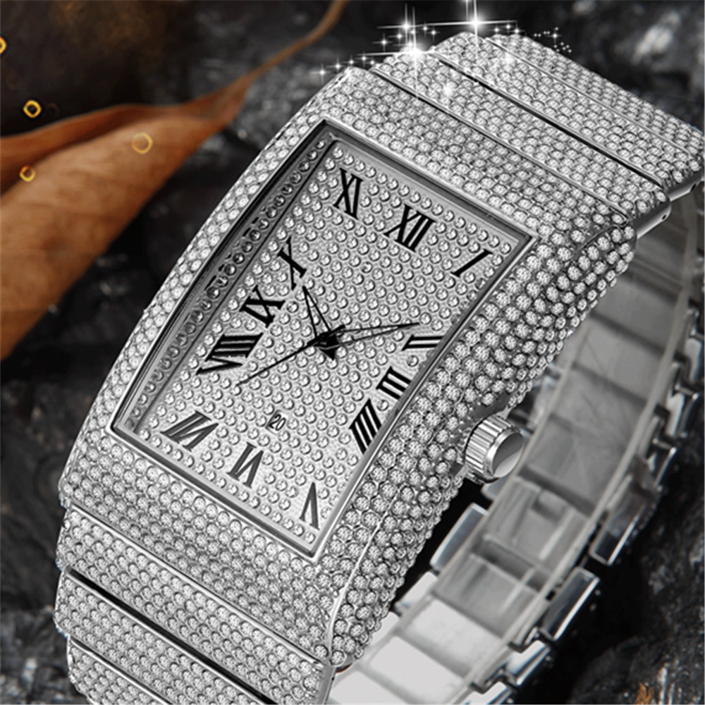 Hip Hop Diamond Golden Rectangular Date Quartz Watch, Famous Original Brand Designer Watches For Men