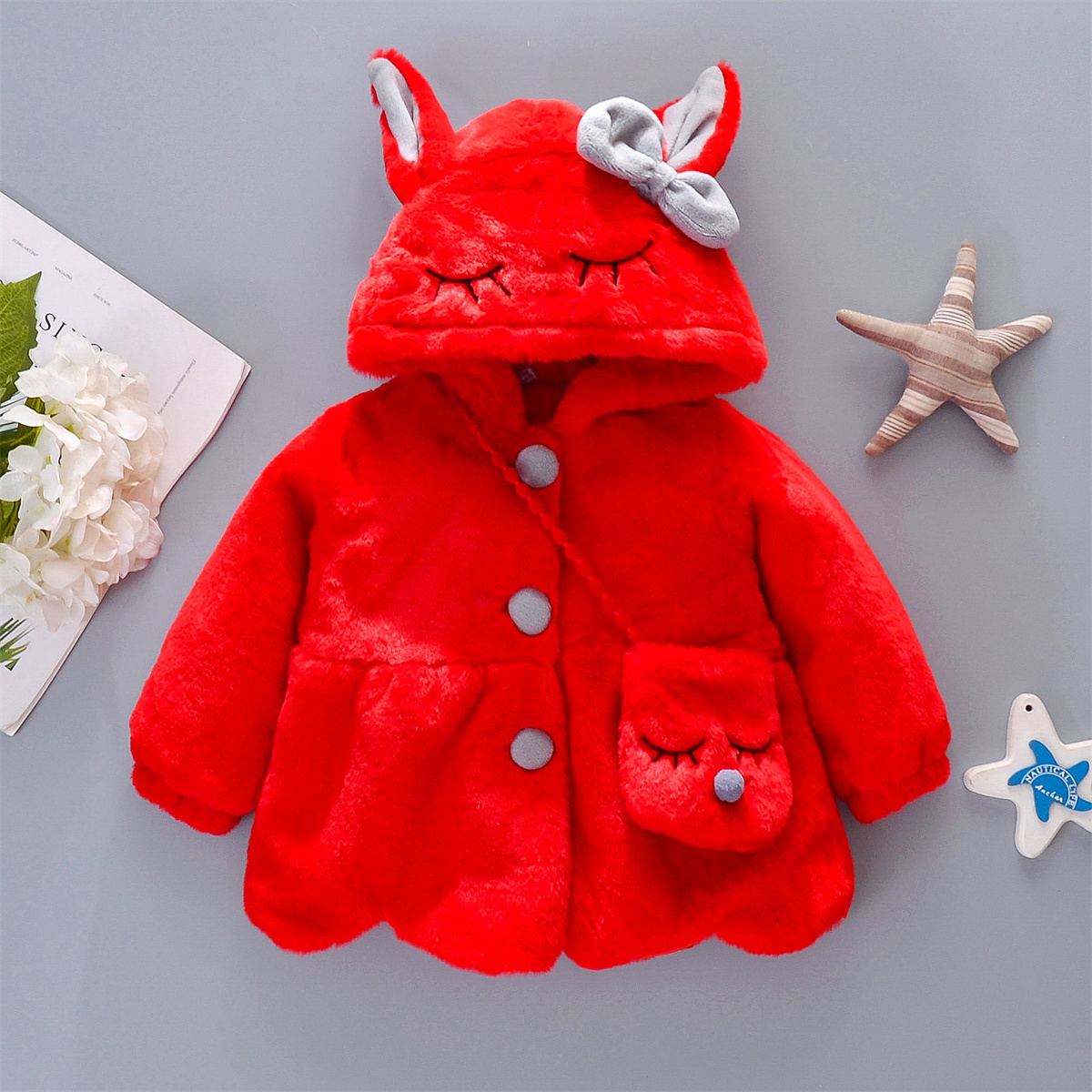 Baby Girl Clothes Long Sleeve Set, Cute Rabbit Hoodie Jacket, Winter Plush Bow Outfit Kids Clothes with Bag