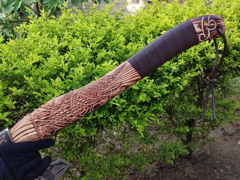 Handmade Rare Art Carbon Steel Blade Viking Throwing Axe - Carved Ashwood Handle