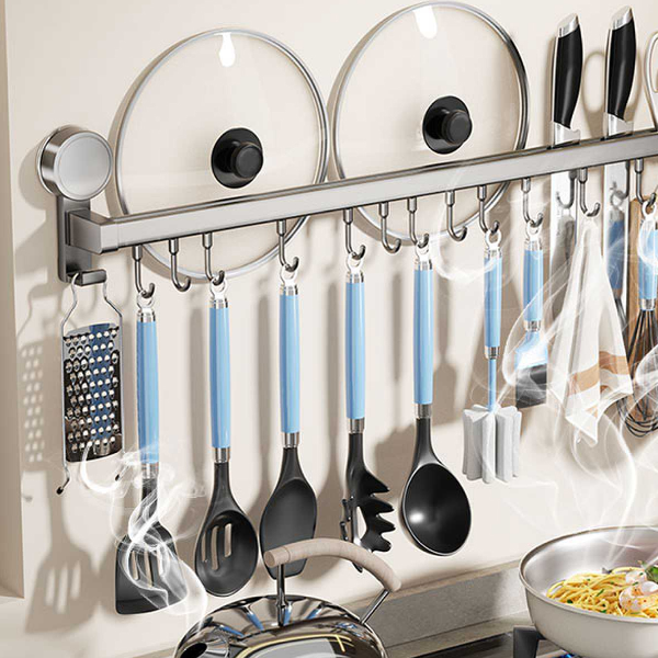 Wall Mounted Kitchen Hook Rack, No-Punching Wall Hangers, Kitchen Utensils Rack, Spoon Shovel Chopping Board Storage