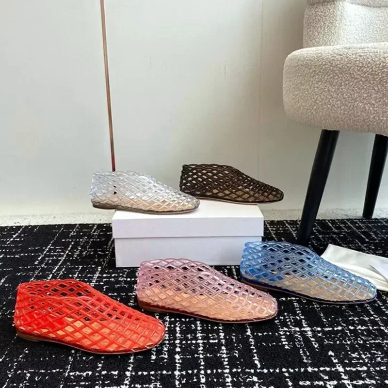 Womens Luxury Designer Jelly Flat Sandals, Breathable Hollow Mules & Comfortable Summer Beach Flats