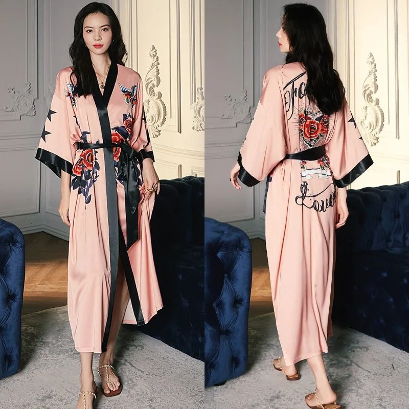 New Spring Summer Female Long Robe Set – Sexy Flower Print Kimono & Silk Satin Casual Lounge Wear
