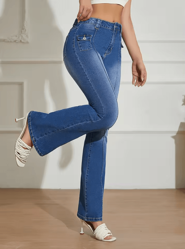 Blue Low Rise Y2K Bootcut Jeans – Womens Wide Leg Streetwear Denim Pants with Pockets