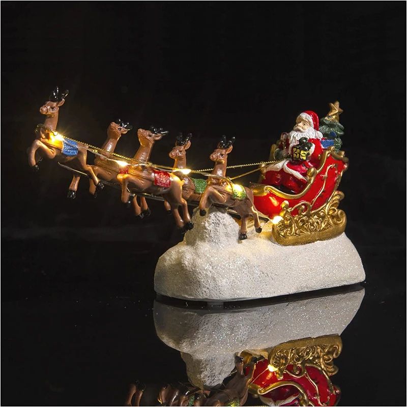 Santas Illuminated Sleigh & Reindeer Holiday Village Centerpiece
