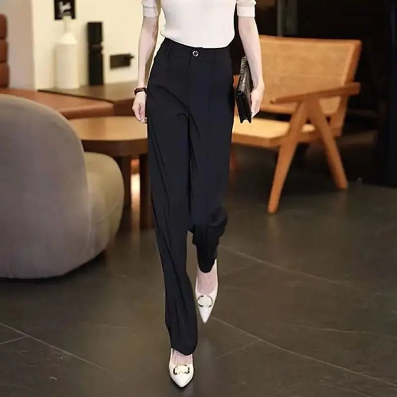 Chiffon Straight Leg Wide Trousers Chic Elegant Satin Silk Finish Office Work Pants