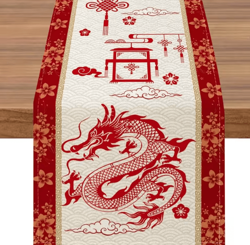 Chinese New Year Dragon Linen Table Runner – Spring Festival Dining Decor
