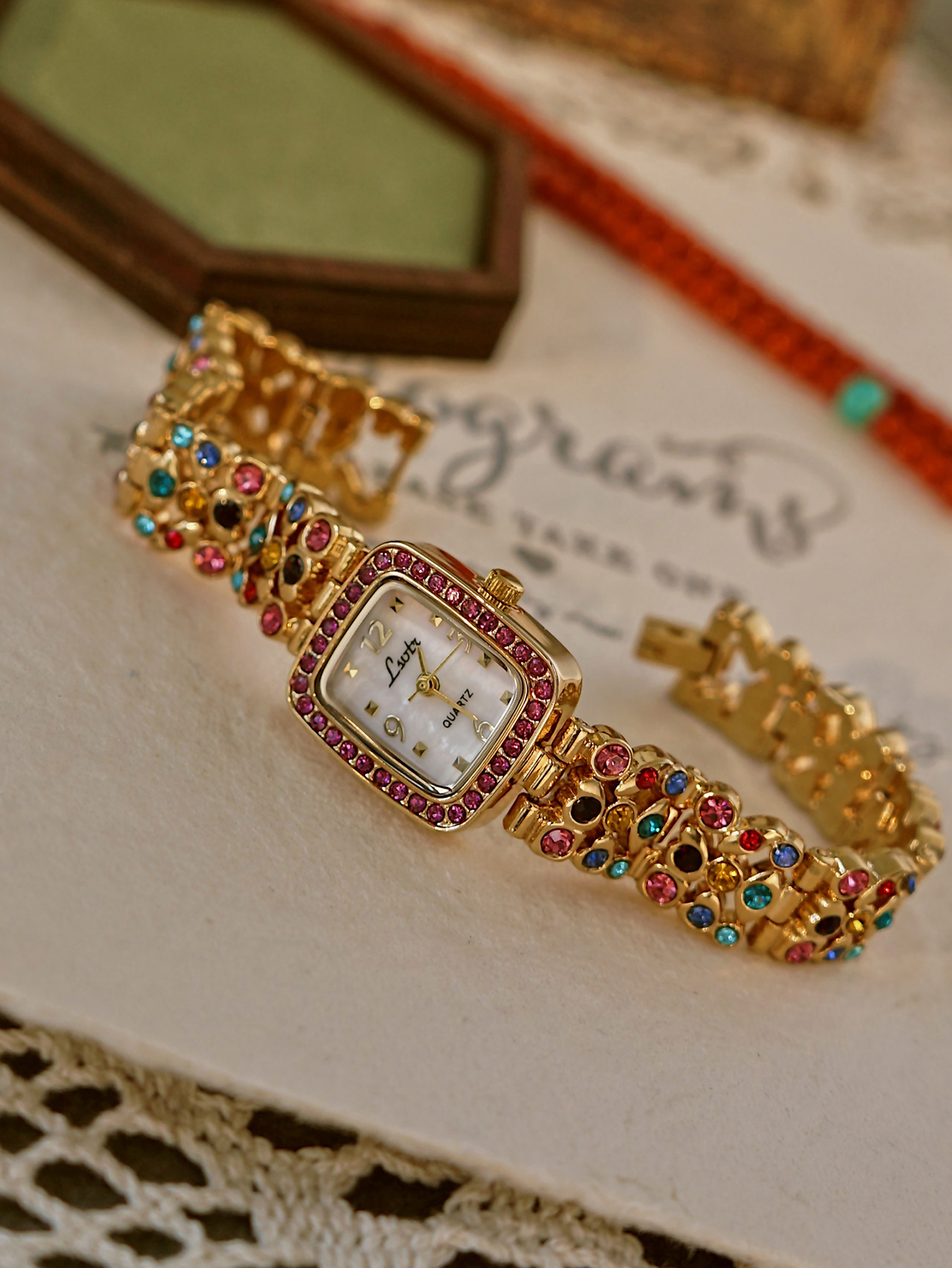Waterproof Women's Square Quartz Watch with Colorful Rhinestone Gemstone Inlaid Strap and Mother-Of-Pearl Dial