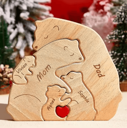Custom Family Bear Puzzle Ornament – Personalized Family Name Bear Decor with Engraving