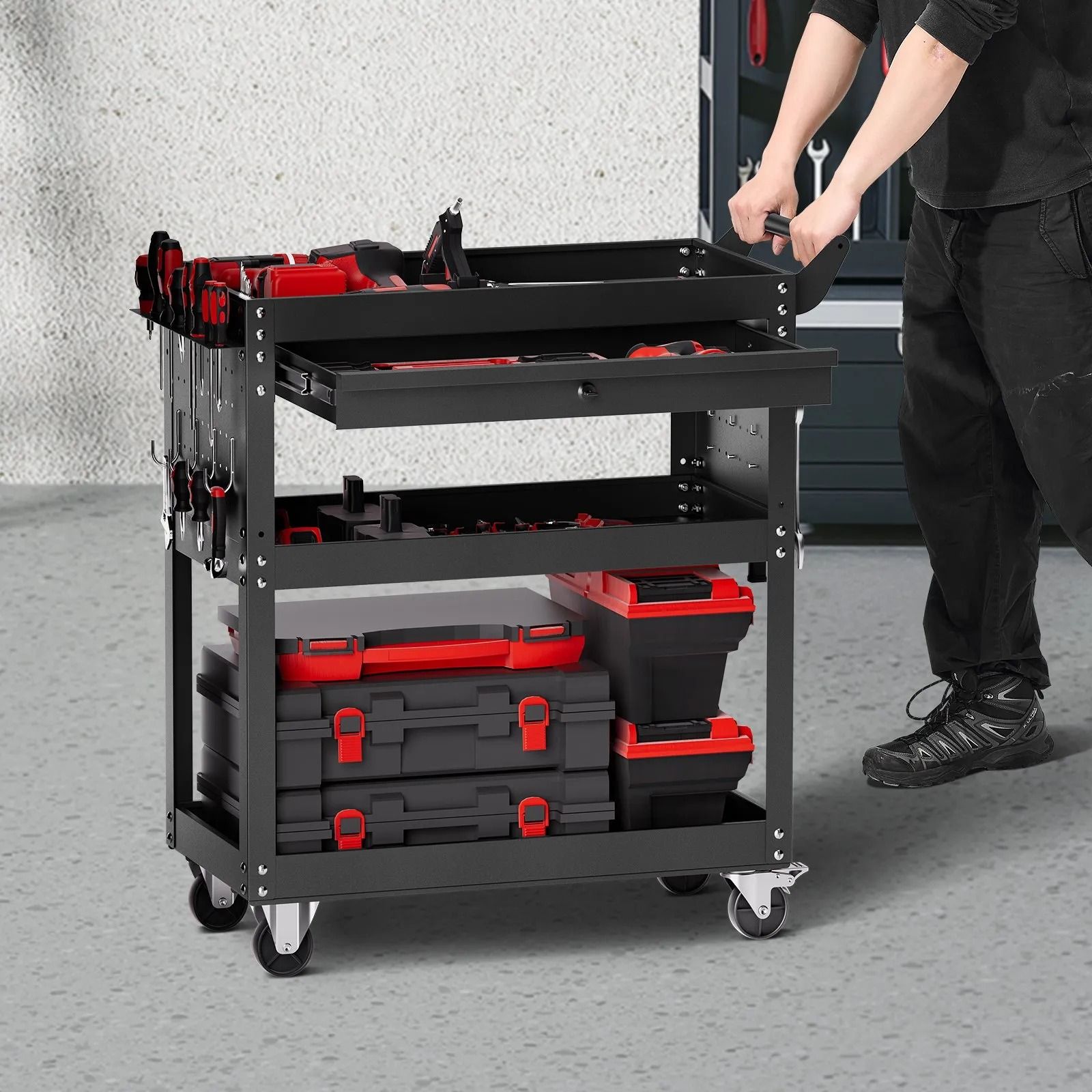 Heavy Duty Rolling Tool Cart with Drawer & Pegboard Tool Cart with Wheels 350 lbs Capacity