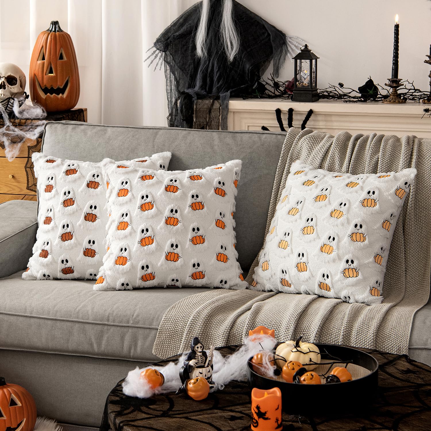 Ghost Pumpkin Plush Faux Fur Pillow Covers, Soft Halloween Decor for Sofa Couch Bed, Living Room Seasonal Accent