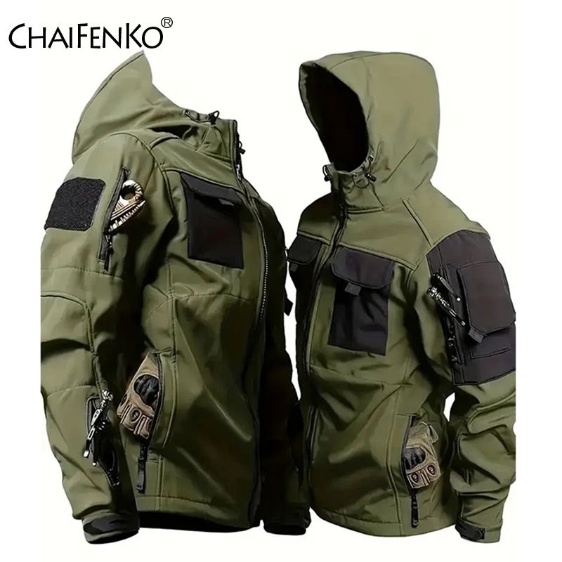 Men Lurker Shark Skin Soft Shell Tactical Jacket Waterproof Fleece Hooded Coat Outdoor Solid Pocket Jacket Men