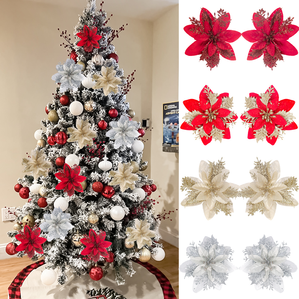 Christmas Tree Ornaments, Red Golden Silver Poinsettia Artificial Flowers, Xmas New Year Party Decoration