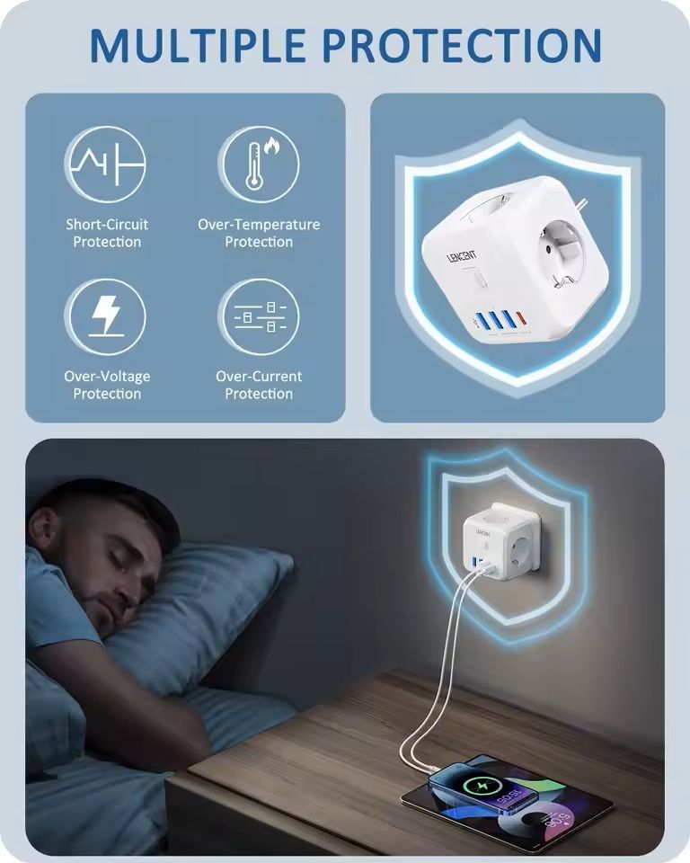 PowerHub 7-in-1 Wall Socket Extender – EU Plug with 3 AC Outlets, 3 USB Ports, and Type-C Fast Charging