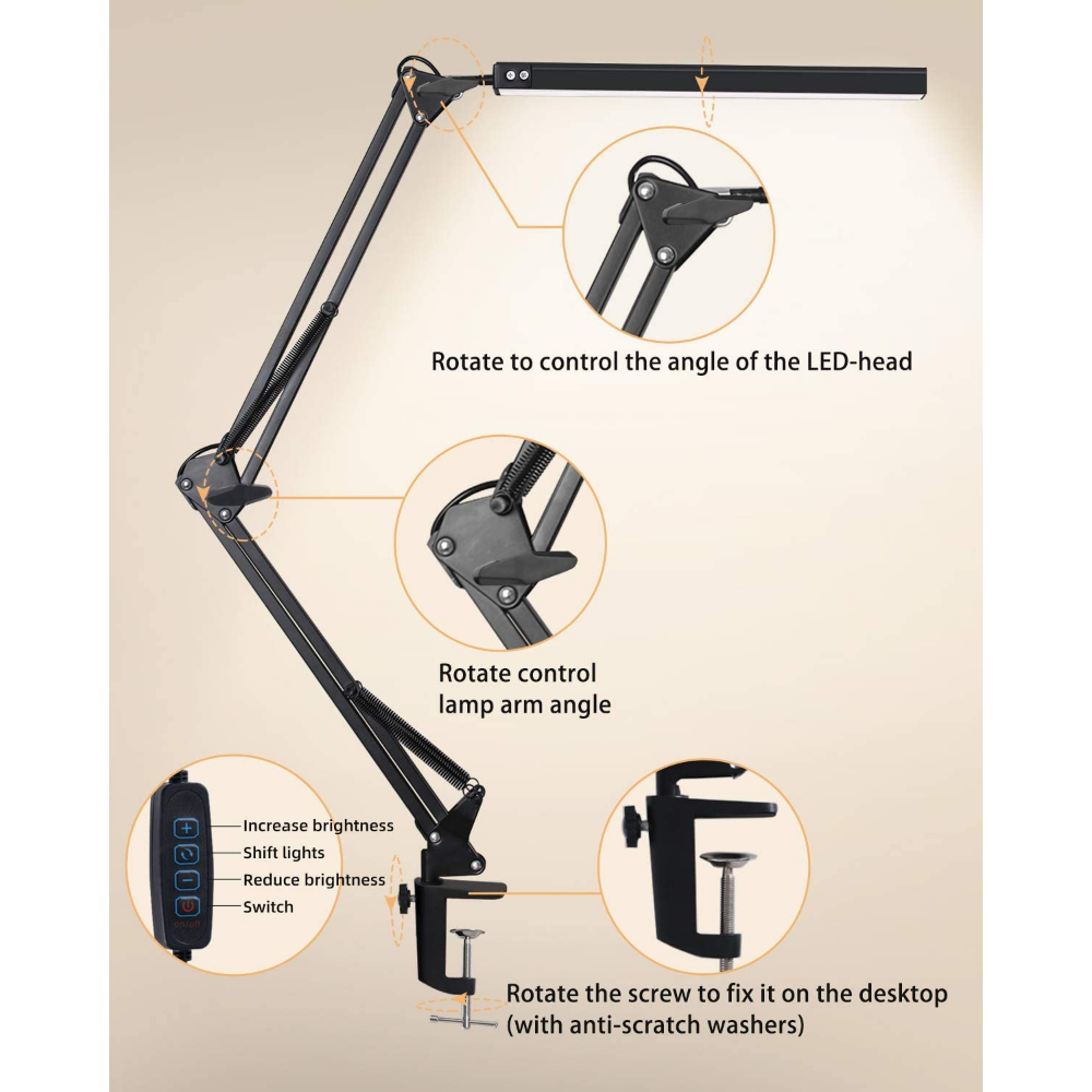 Eye-Caring Dimmable Desk Light, LED Desk Lamp with Clamp Swing Arm, Brightness Levels, USB Charging Modes