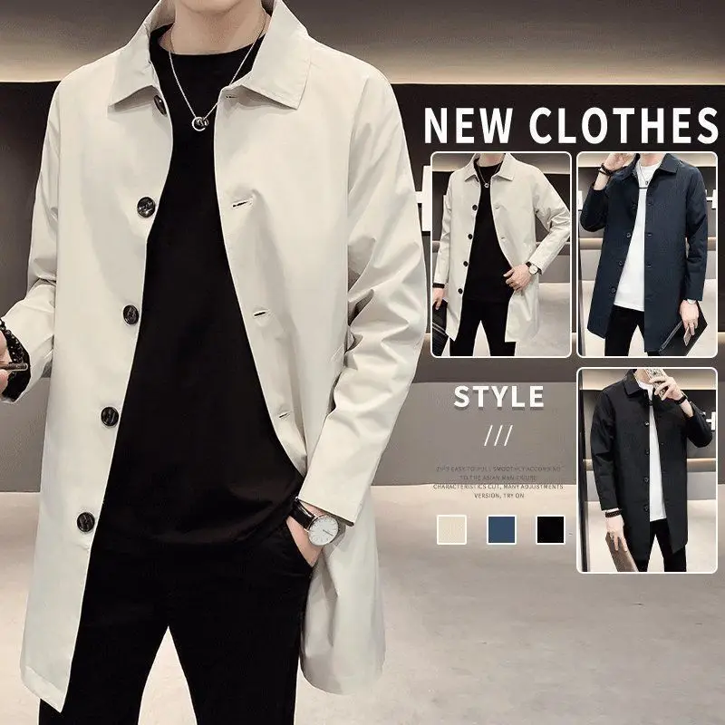Men's Casual Trench Coat, Jacket, Trendy Medium Length Overcoat, Thin Regular Fit for Spring and Autumn