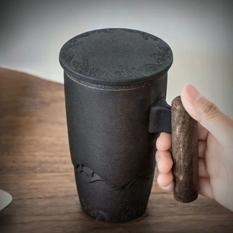 Retro Ceramic Mug with Wooden Handle and Lid
