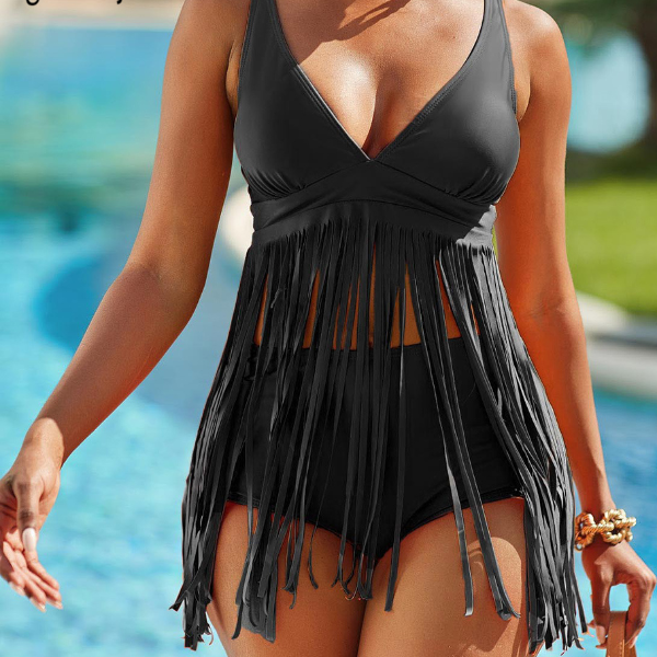 FringeGlow High Waisted Bikini Set with Tassel Detail and Push Up V Neck Top