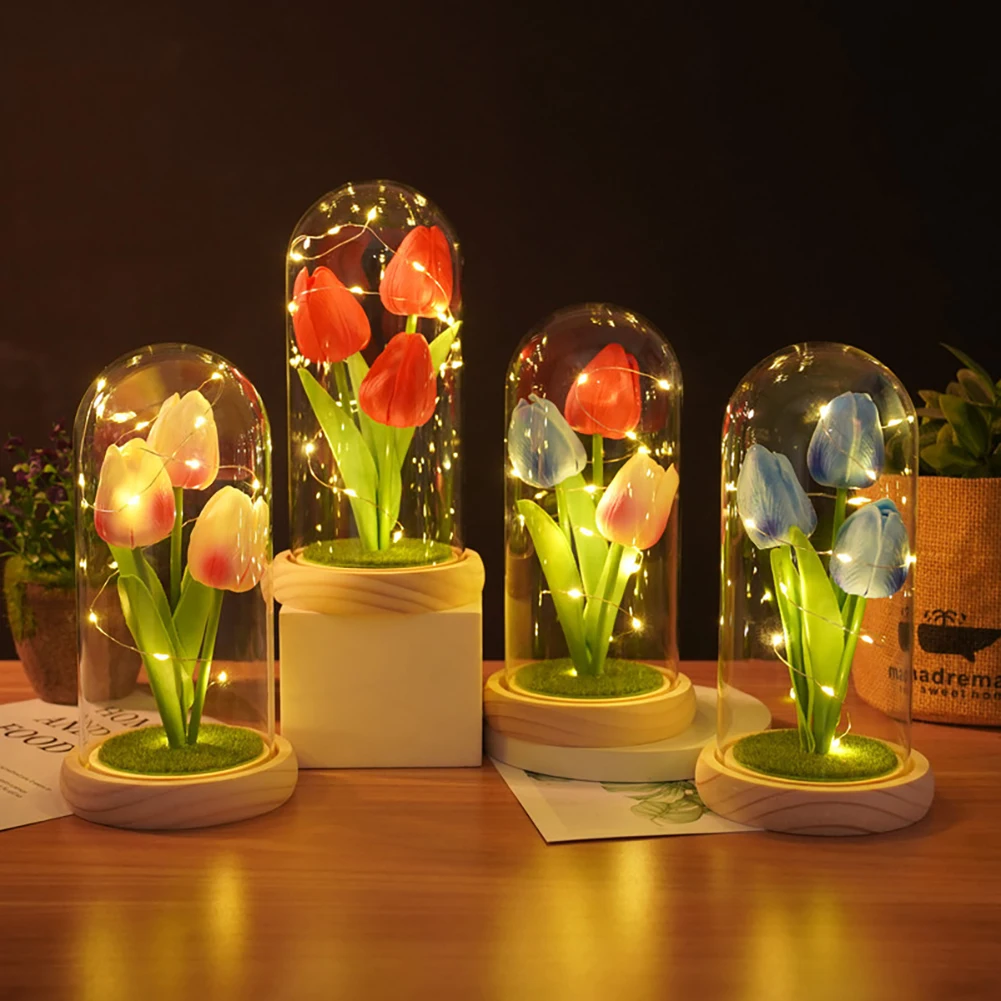 Creative Tulip Night Light Gift For Girlfriend with Glass Cover PU Simulation Valentines Day Decoration