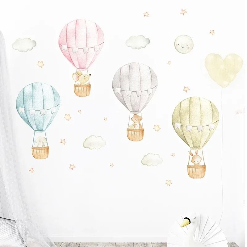 Whimsical Watercolor Hot Air Balloon Animal Wall Decals