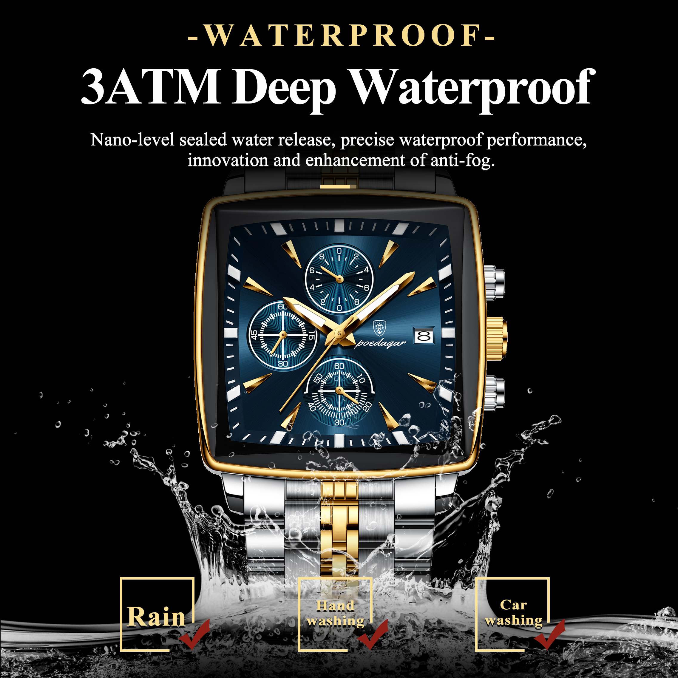 Square Stainless Steel POEDAGAR Fashion Men Watch Quartz Chronograph, Luminous Waterproof Date Wristwatch