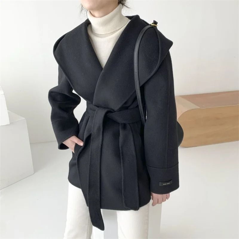Elegant Hooded Lace-Up Woolen Jacket