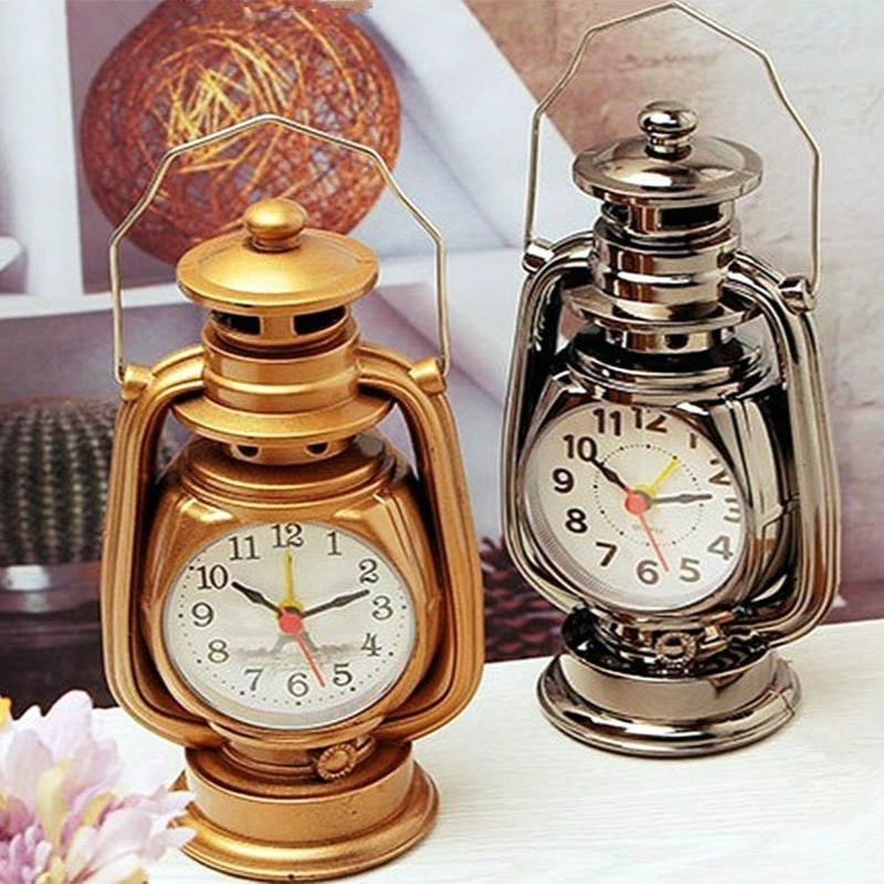 Vintage Oil Lamp Alarm Clock Retro Table Clock Night Light Decor