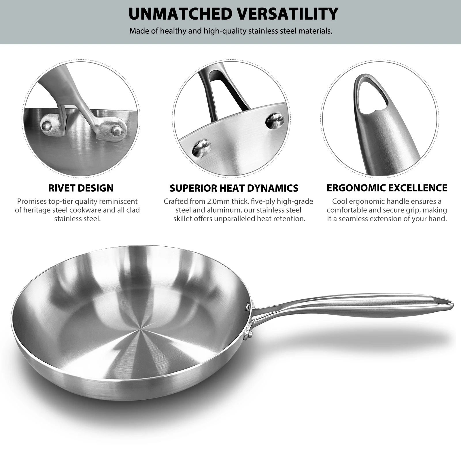 304 Stainless Steel Frying Pan Nonstick Uncoated Cookware
