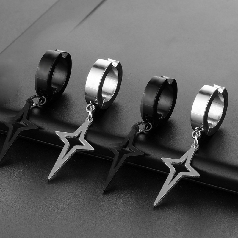 Stainless Steel Fake Non Piercing Earrings for Men, Women with Punk Star Pendant Hoop Jewelry